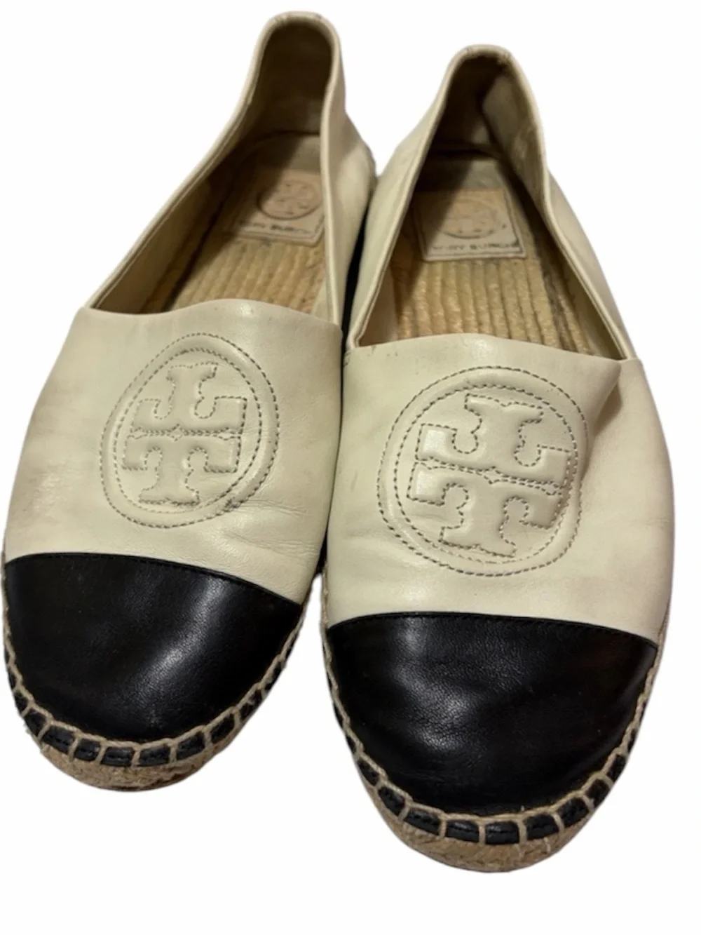 Tory Burch Cream Leather Espadrille with Black Cap Toe Sz 7.5  Women